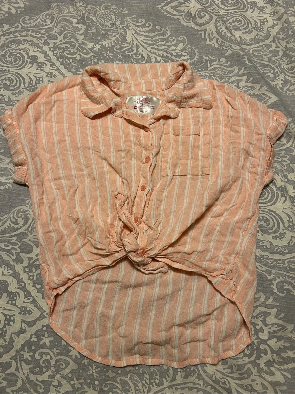 Justice Peach and White Striped Button-Front Tie Top
